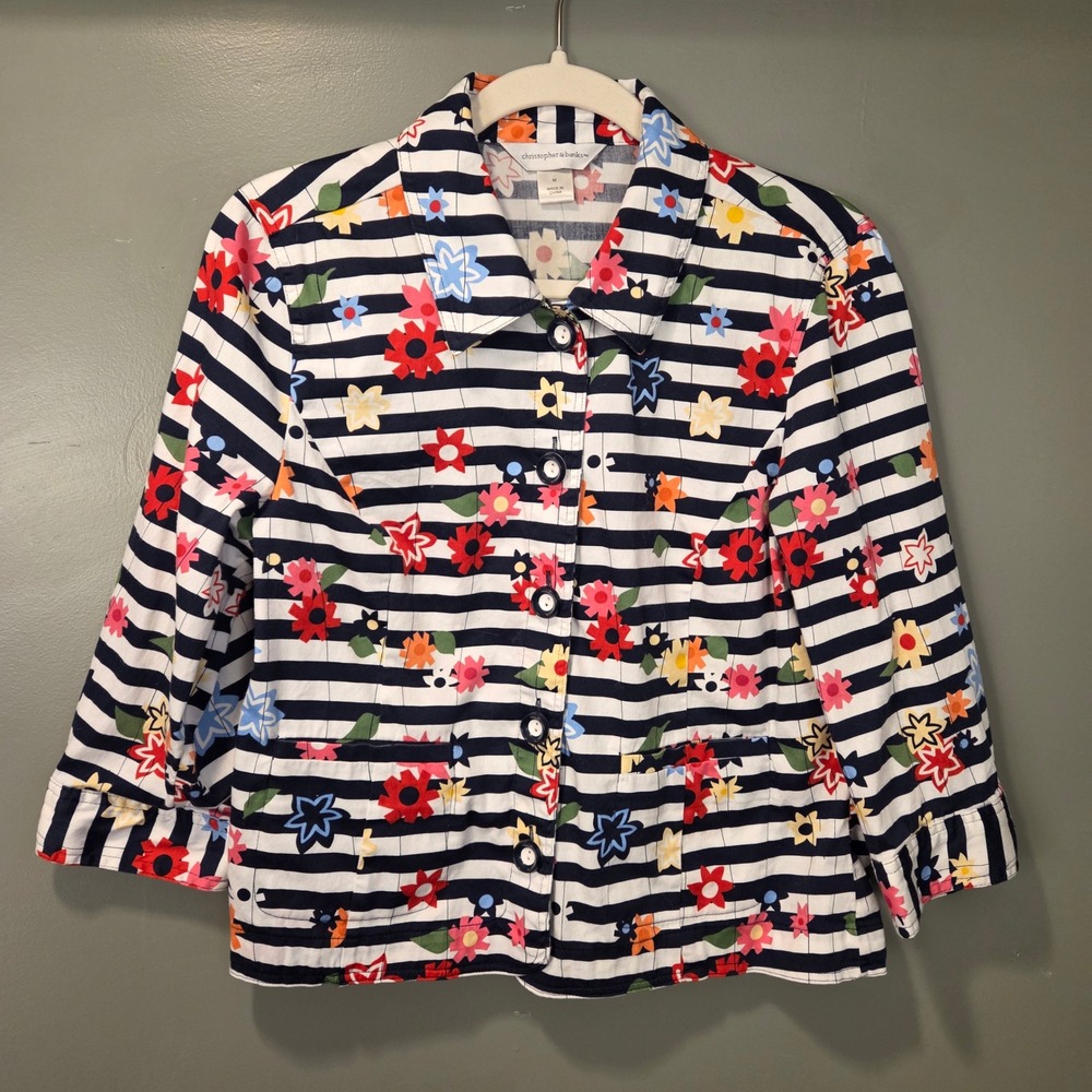 Christopher & Banks 2/3 Sleeves Button Up Shirt Floral Print Stripes, Size M